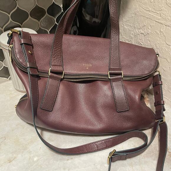 Fossil Preston expandable Brown Raisin leather satchel crossbody - Picture 1 of 12